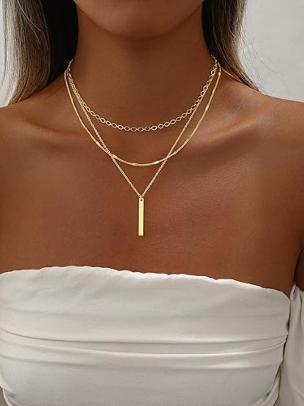 14K Gold Layered Necklace Set Cross Bar Herringbone Figaro Paperclip Chain - Picture 2 of 6